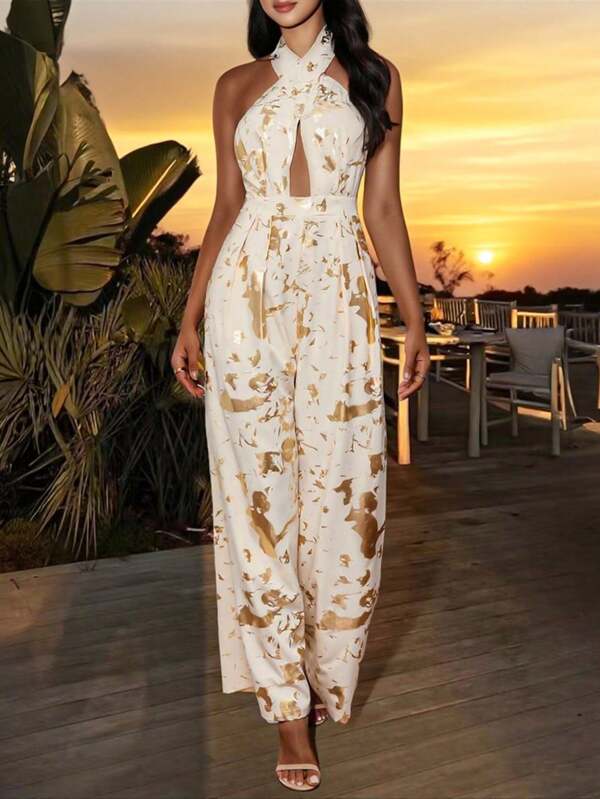 INAWLY Women's Sexy Backless Sleeveless Printed Jumpsuit