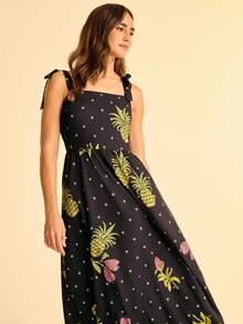 CAJUNI 女式菠萝印花休闲无袖连衣裙，夏季 - 黑色 - 查看 1