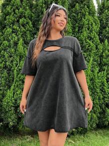 SHEIN EZwear Vestido de talla grande para mujer con cuello de encaje y encaje con copos de nieve y aspecto desgastado de chiffon - Negro - Ver 5