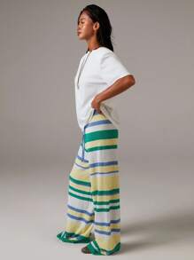 Athîral 秋冬女士撞色条纹印花抽绳腰休闲针织裤 - 彩色 - 查看 6