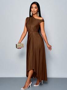 SOLERSUN Women's Spring And Summer Fashion Elegant Date Party Purple Stretch Knit Comfort Gathered Details Draped Dress Asymmetric Neckline Asymmetric Hem Slit Long Dress - Brown - View 8