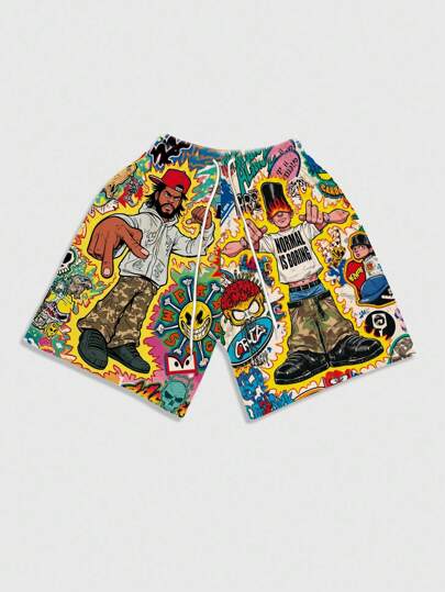 Street Life Men's Street Graphic Printed Shorts, Suitable For Daily Wear In Spring/Summer