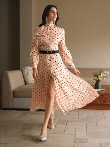 Anewsta Vestido largo de manga larga con cuello de tortuga de línea A y cintura ceñida, vestido de organza maxi para mujer con lunares elegante