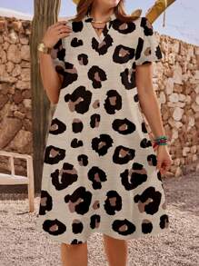 EMERY ROSE Women's Leopard Print Short Sleeve Summer Casual Vacation Dress,Gifts For Mother,Summer Holiday,Vacation Outfits Women Suitable For Going Out Chic Dress