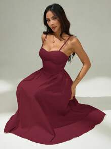 SHEIN PETITE 女式休闲纯色腰部收腰吊带连衣裙，夏季 - 酒紅色 - 查看 7