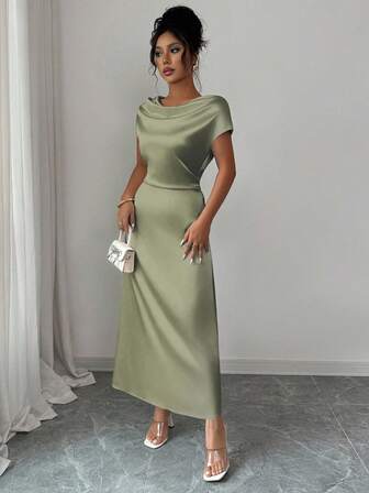 Rafferiza 女士优雅约会/办公室装高领系带短袖缎面连衣裙