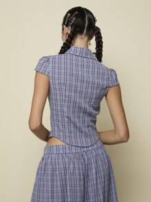 COUREZ 纹理短袖修身衬衫 / Y2K 度假装扮 女装 夏季外出装扮 可爱 - 灰色 - 查看 3