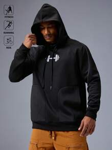 Acti Log Herren Sweatshirt mit Langarm, Kapuze und Zugkordel, Motiv Langhantel, für Outdoor Sport - Schwarz - Übersicht 6