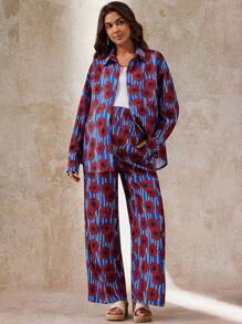 Boho Mama 2 pièces Ensemble de grossesse casual : chemise boutonnée à manches longues à rayures géométriques et pantalon ample