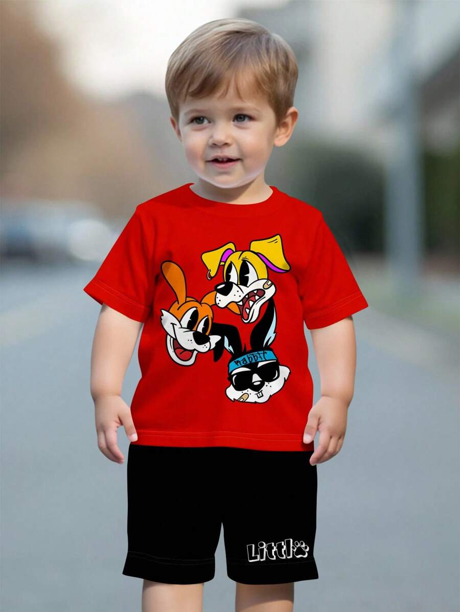 SHEIN Leap Crew Set di Maglietta con Maniche Corte e Pantaloncini Stampati con Animali per Ragazzi Casual, Adatto per l'Estate - Multicolore - Visualizzare 1