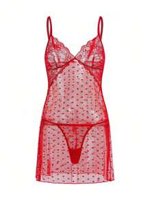 SHEIN Women's Lace Patchwork Sheer Sexy Nightgown - Red - View 6