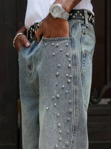 PAVTROS Jeans de pierna ancha y larga con lavado medio para hombres con detalles decorados para un estilo casual, jeans con rhinestones - Azul lavado medio - Ver 6
