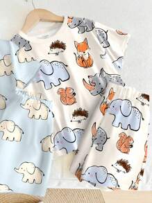 SHEIN 2 件套大象、狐狸素描印花透气柔软舒适睡衣男童家居服宽松休闲套装，适合夏季 - 彩色 - 查看 4