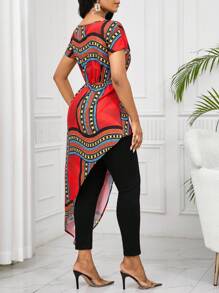 SHEIN Lady Áo sơ mi nữ cổ tròn tay ngắn, viền xoắn bất đối xứng, in họa tiết - Nhiều màu - Xem 2