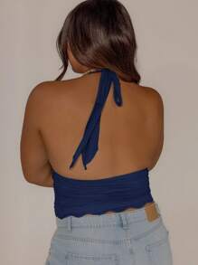 Aralina Áo thun nữ mùa hè cổ yếm viền ren viền cong cỡ lớn dễ thương co giãn - Màu xanh hải quân - Xem 2