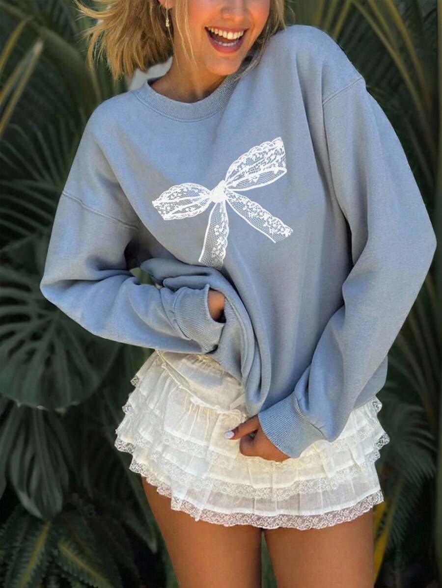 Muchica Áo nỉ dài tay rộng in họa tiết nơ ren trắng tối giản giản dị dành cho nữ, phù hợp cho mùa thu đông - Màu xanh bụi bặm - Xem 1