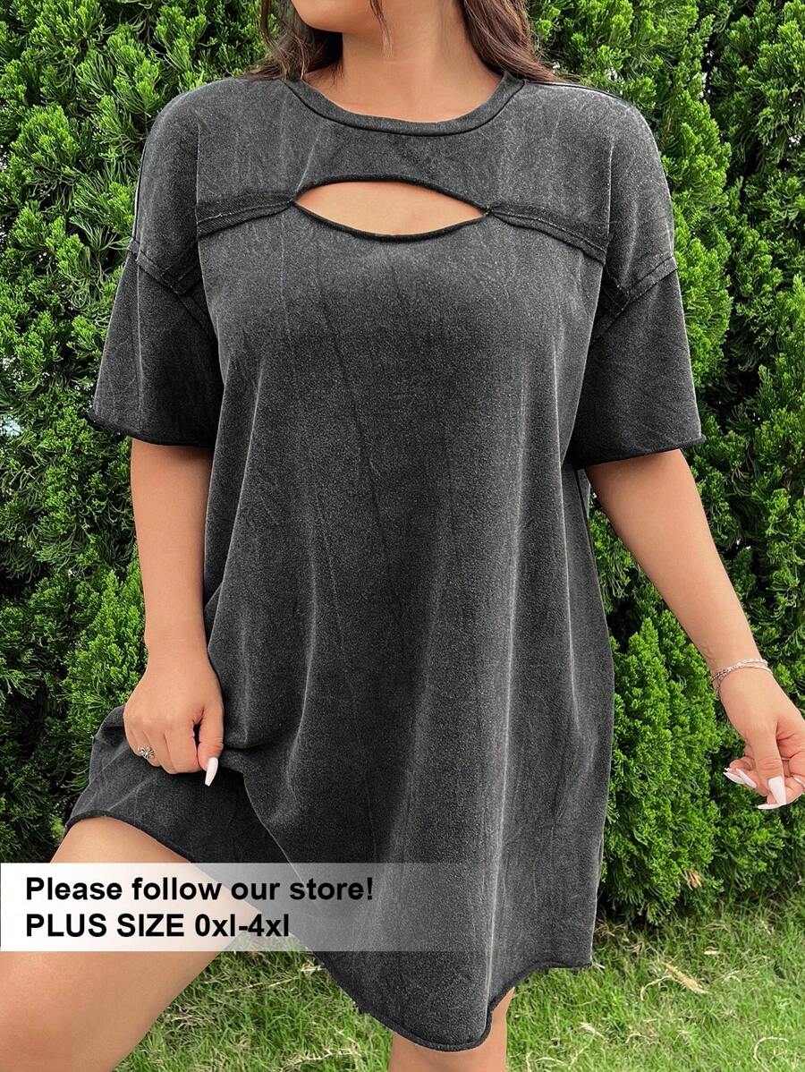 SHEIN EZwear Vestido de talla grande para mujer con cuello de encaje y encaje con copos de nieve y aspecto desgastado de chiffon - Negro - Ver 1