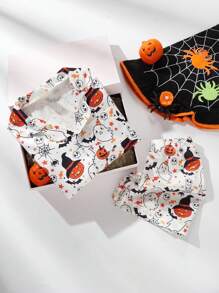 男童休闲时尚万圣节卡通鬼魂和南瓜印花短袖衬衫和短裤睡衣套装