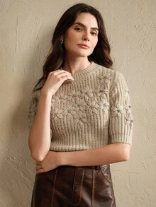 Anewsta Women's Knitted Top, Handmade Fashion 3D Crochet Design Slim Fit Short Sweater