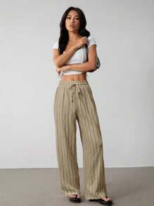 SHEIN PETITE Women's Striped Drawstring Waist Wide Leg Loose Casual Pants, For Daily Wear, Suitable For Spring, Summer And Autumn, French Holiday - Khaki - View 3
