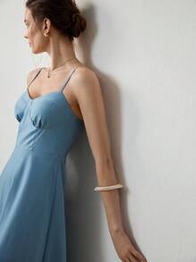 Uhlyne 女士优雅性感细肩带亚麻 A 字中长连衣裙 - 藍色 - 查看 3