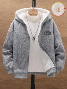 SHEIN Tween Boy 灰色连帽夹克，纹理面料，字母印花，装饰口袋，落肩设计，柔软面料，百搭，休闲，百搭，舒适 - 灰色 - 查看 1