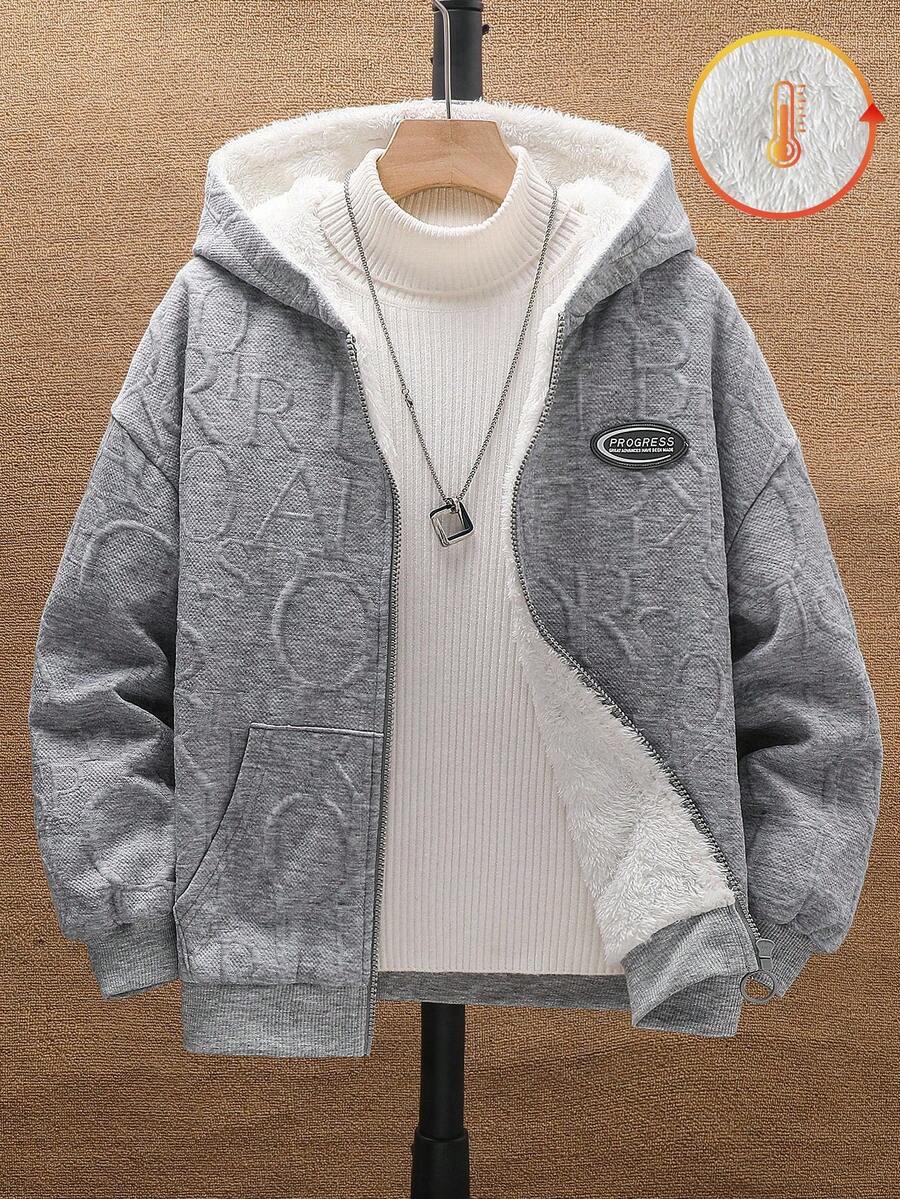 SHEIN Tween Boy 灰色连帽夹克,纹理面料,字母印花,装饰口袋,落肩设计,柔软面料,百搭,休闲,百搭,舒适 - 灰色 - 查看 1