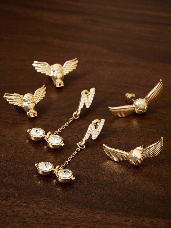 HARRY POTTER X SHEIN 3 Paar Ohrringe Set aus Zinklegierung, Goldfarben, geeignet als Geschenk, Sammlung, Erinnerungsstück, Designs beinhalten Goldenen Schnatz, Hedwig