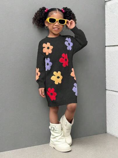 SHEIN 女童花卉提花针织连衣裙，多色女童花卉毛衣连衣裙长袖连衣裙秋季连衣裙女童连衣裙女童针织连衣裙女童碎花连衣裙秋季连衣裙花卉连衣裙毛衣连衣裙冬季