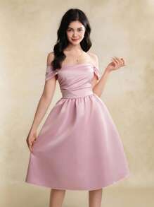 少女粉色露肩荷叶边优雅连衣裙 - 粉色 - 查看 1