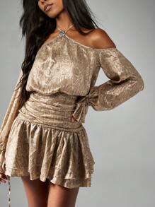 MISSGUIDED Off Shoulder Snake Print Mini Dress Long Puff Sleeve Ruched Waist Party Evening Holiday Special Occasion Fall Winter Spring Clubwear - Gold - View 5