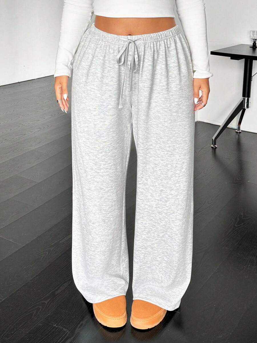 SHEIN EZwear Plus Size Casual Drawstring Waist Loose Straight Leg Knit Pants - Light Grey - View 1