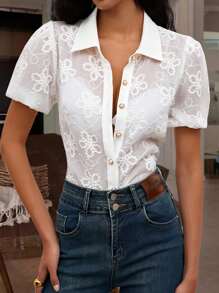 INAWLY Women's Embroidered Button See-Through Short Sleeve Casual Blouse For Summer - White - View 4