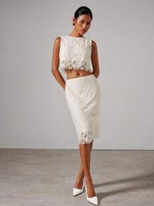 COSMINA 四季两件套女士优雅无袖蕾丝上衣和裙子，女士休闲套装，生日装，婚礼宾客礼服，外出装 - 白色 - 查看 4