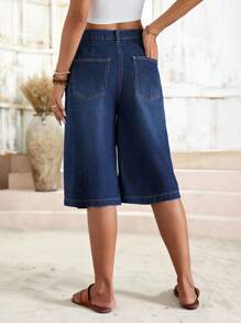 EMERY ROSE 新款女士牛仔高腰五分裤多排扣宽松直筒五分裤深蓝色日常休闲装 - 深色水洗藍 - 查看 7