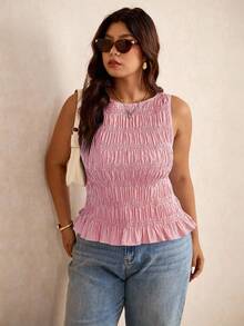 Elaquor 大码女式条纹褶饰下摆圆领吊带背心 - 紅色 - 查看 6