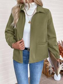 SHEIN Casual Solid Color Zipper Fleece Jacket, Autumn/Winter Fall Cloth For Women - Army Green - View 5
