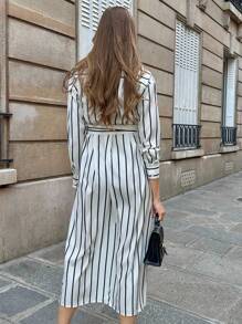 Pariaura Casual Commuting Striped Front Button-Up Shirt Dress Casual Outfits Spring Clothes For University Fall Cloth For Women - White - View 3