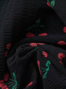 SHEIN Essnce 大码女装春夏时尚休闲宽松舒适清凉日常樱桃印花黑色松紧腰阔腿裤，女式下装，曲线可爱服装，外出装，秋装，宽松裤