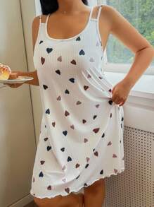 SHEIN 可爱心形罗纹印花休闲柔软亲肤可调节肩带露背吊带背心家居睡裙 - 彩色 - 查看 5