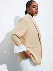 Maija 大码女式条纹长袖拼布翻领西装外套，优雅时尚性感，适合音乐节和日常外出。搭配无袖背心和条纹裤，适合商务通勤、办公室穿着，复古风格，适合女士商务休闲装、教师装、女士工作服、秋冬婚礼宾客礼服。 - 黃色 - 查看 4