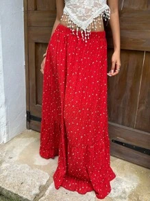 Sunnyshic 女式碎花高腰A字裙，适合夏季度假 - 紅色 - 查看 7