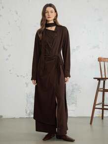 Dazy-Less Conjunto de 2 piezas para mujer: Vestido camisa y falda de unicolor, estilo de negocios casual, con cordón y cinturón, apropiado para otoño, primavera y verano - Marrón - Ver 4