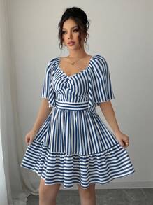 Elenzga 新款春夏蓝白条纹短袖优雅休闲修腰中长连衣裙 - 藏蓝色 - 查看 4