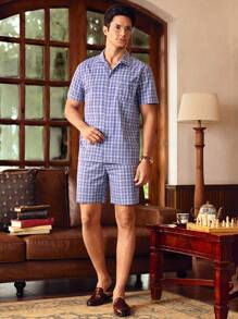 EverLounge Men's Plaid Short Sleeve Shorts Pajama Set - Blue - View 6