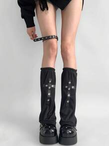 ROMWE Grunge Punk Quần giữ ấm chân giữa bắp chân bằng kim loại thêu chữ thập Gothic tối màu thời trang Y2K, thích hợp cho kỳ nghỉ, tiệc tùng, mua sắm, chụp ảnh, Halloween - màu đen - Xem 3