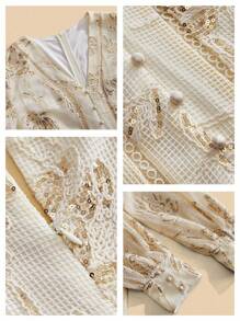 Anewsta Women's Elegant Vacation V-Neck Long Sleeve Hollow Dress With Sequin Texture - Apricot - View 7