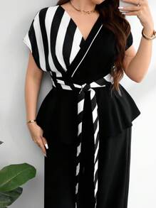 Lacomfia 大码女式黑白条纹拼接 V 领抽绳系腰休闲衬衫 - 黑色 - 查看 7