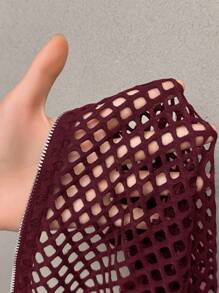 SHEIN SXY Women's Sheer Sleeve Patchwork Cropped Baseball Jacket In Fall/Winter - Burgundy - View 8