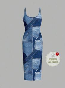 Comfortcana 夏季休闲简约大码女式紧身细肩带连衣裙，蓝色块，纹理面料印花 - 彩色 - 查看 1